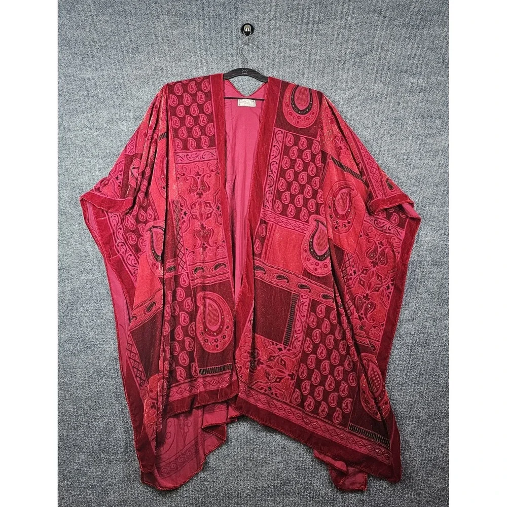 Free People Dark Paradise Kimono One Size Red Velvet Embroidered Whimsigoth Wrap